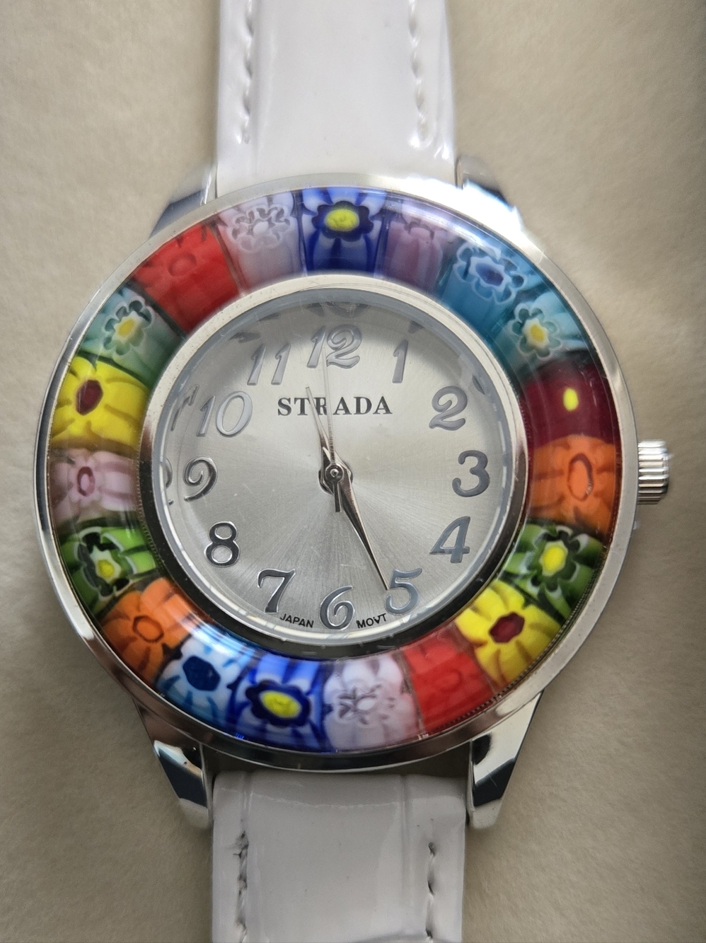 Strada White Watch with Multicolor Floral Bezel